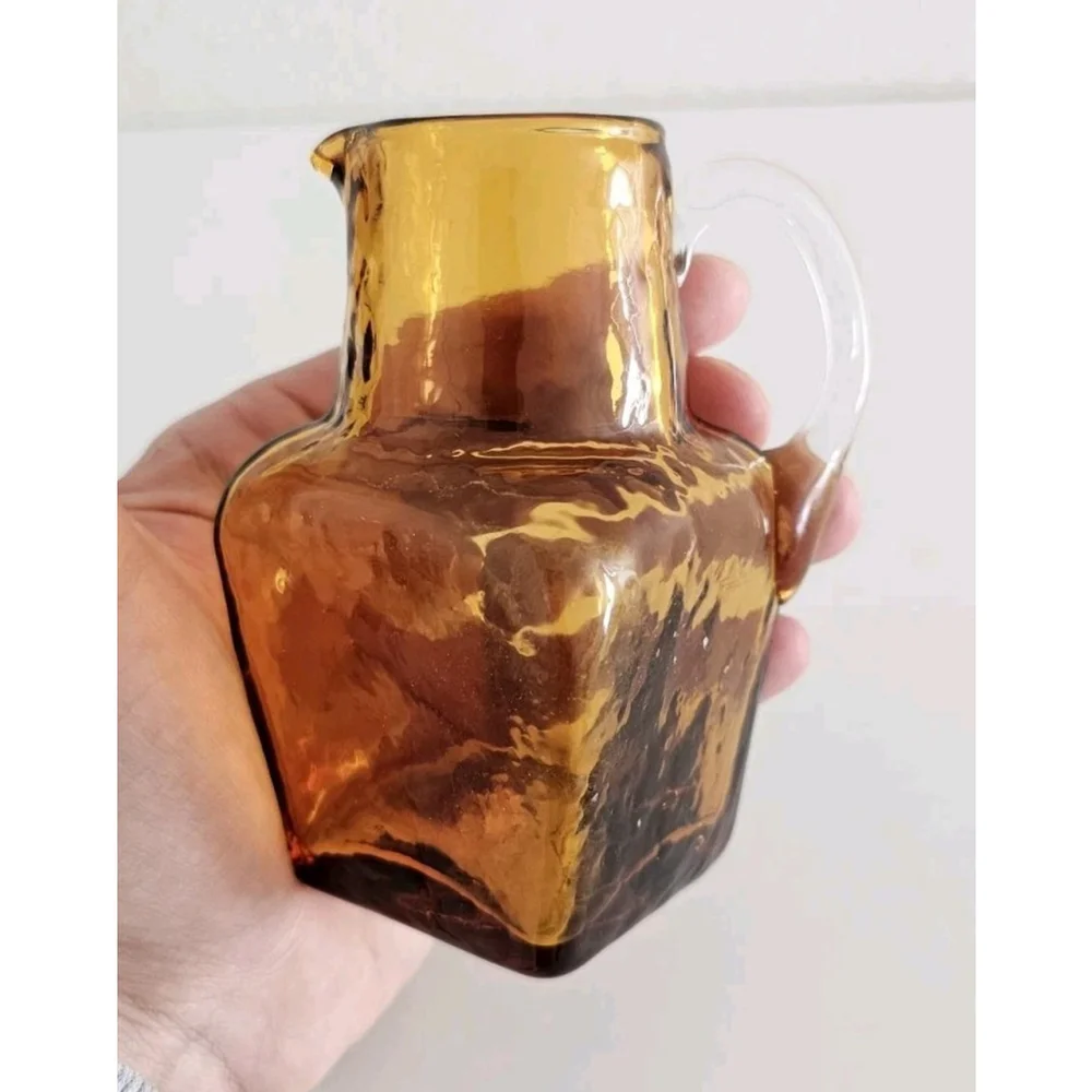 Vintage Hand-Blown Textured Small Amber Glass Pitcher Cute Adorable Decor
